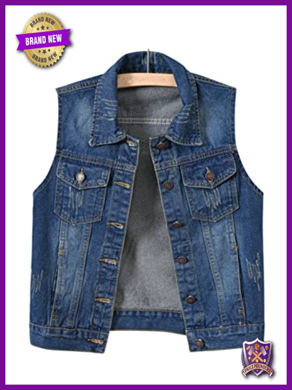 Cotton Polyester Blend Sleeveless Denim Waistcoat Frayed Vest